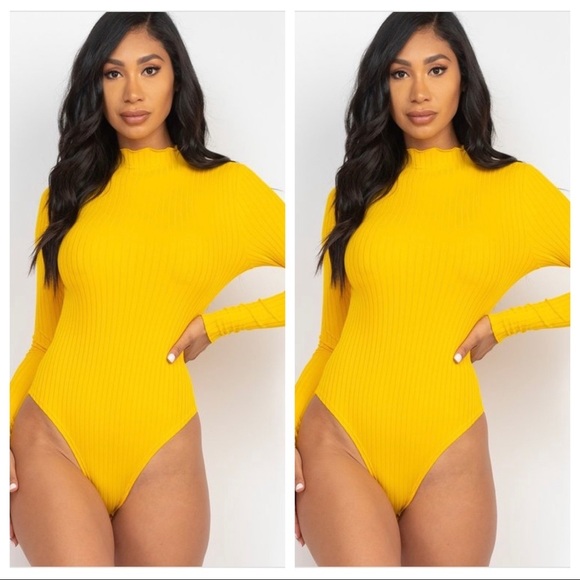 WOMEN DAYLILY YELLOW RIBBED LONG SLEEVE MOCK NECK THONG BODYSUIT - Picture 1 of 4